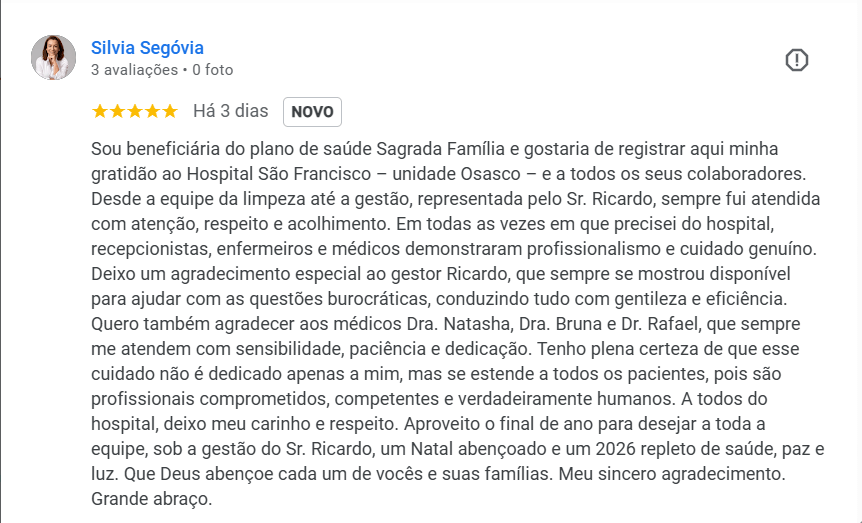Hospital São Francisco recebe depoimento de agradecimento de beneficiaria